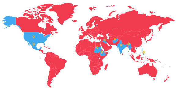 A world map with map points and countries highlighted in blue in the United States, Africa, the Middle East and Asia.