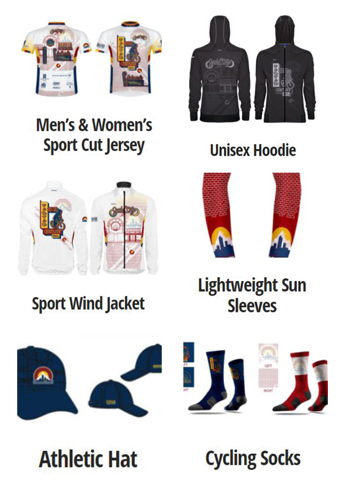 A composite graphic showing the Denver Century Ride 2022 merchandise: jersey, hoodie, jacket, sun sleeves, hat, socks.