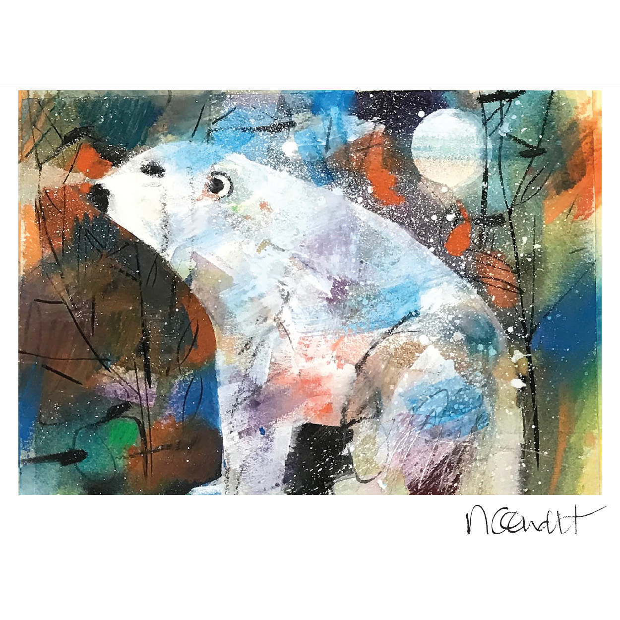 An art piece depicting a polar bear in profile with a background of blues, oranges, greens and browns.