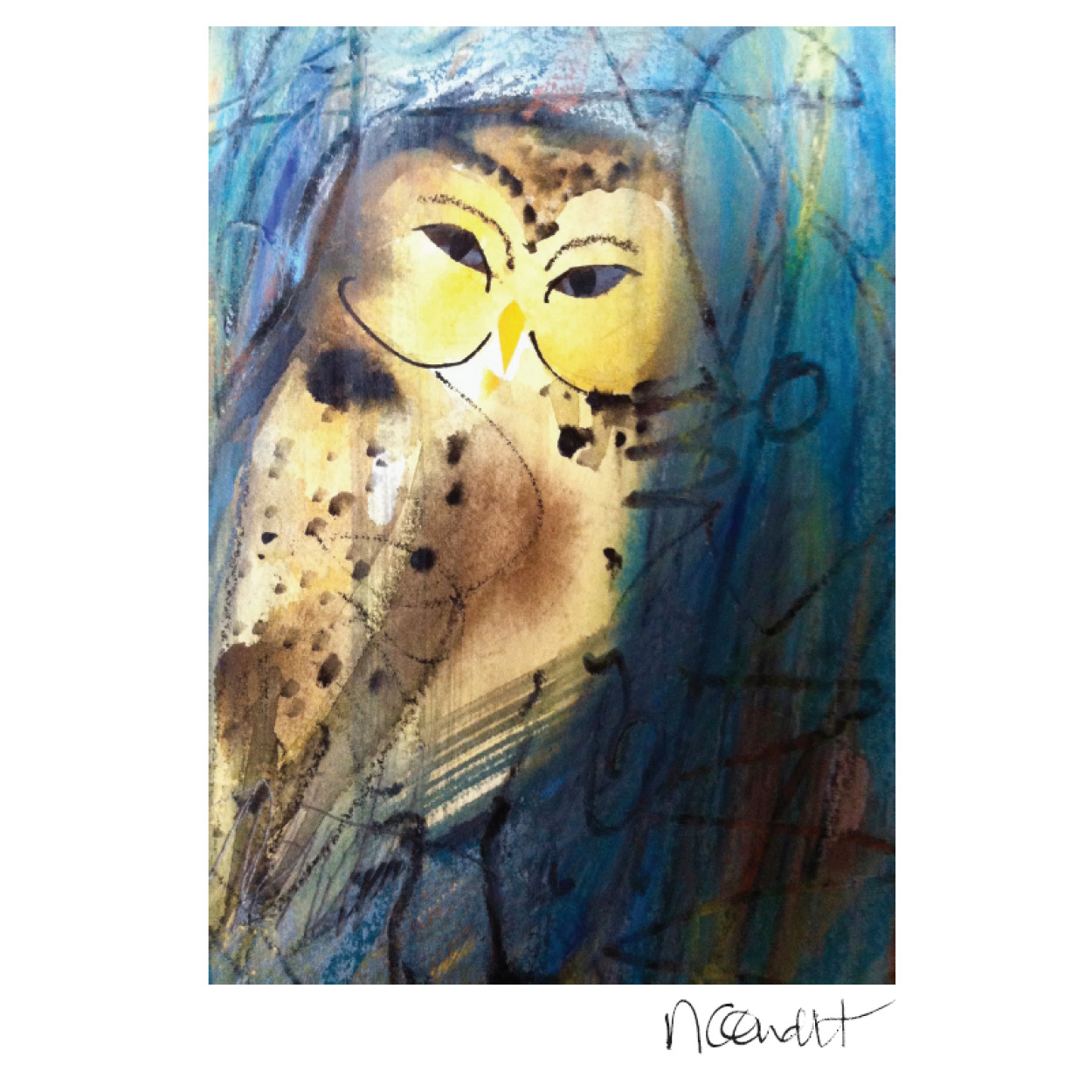 An art piece of a golden and brown owl.