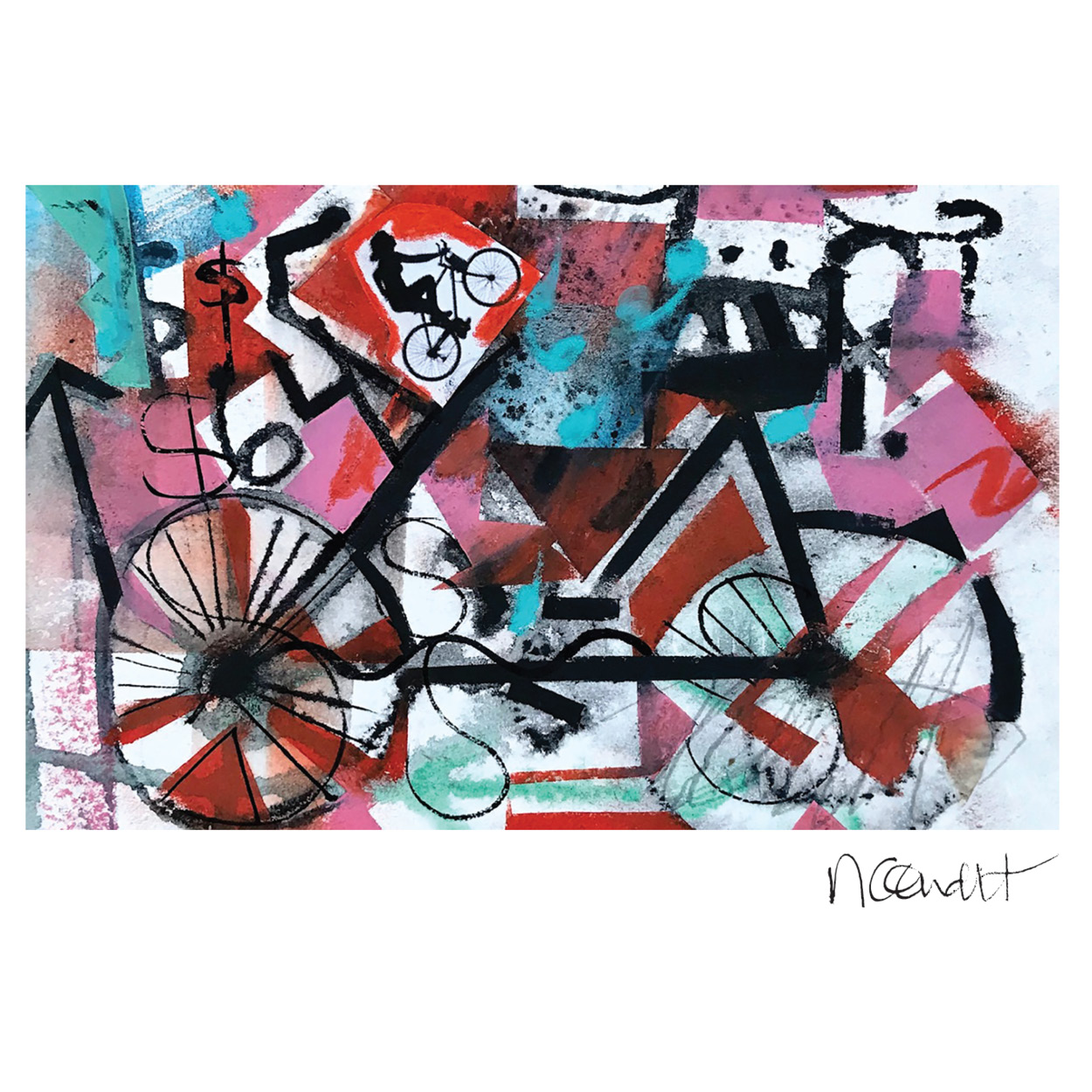 An art piece of a bicycle and geometric red, white, blue and pink patterns.