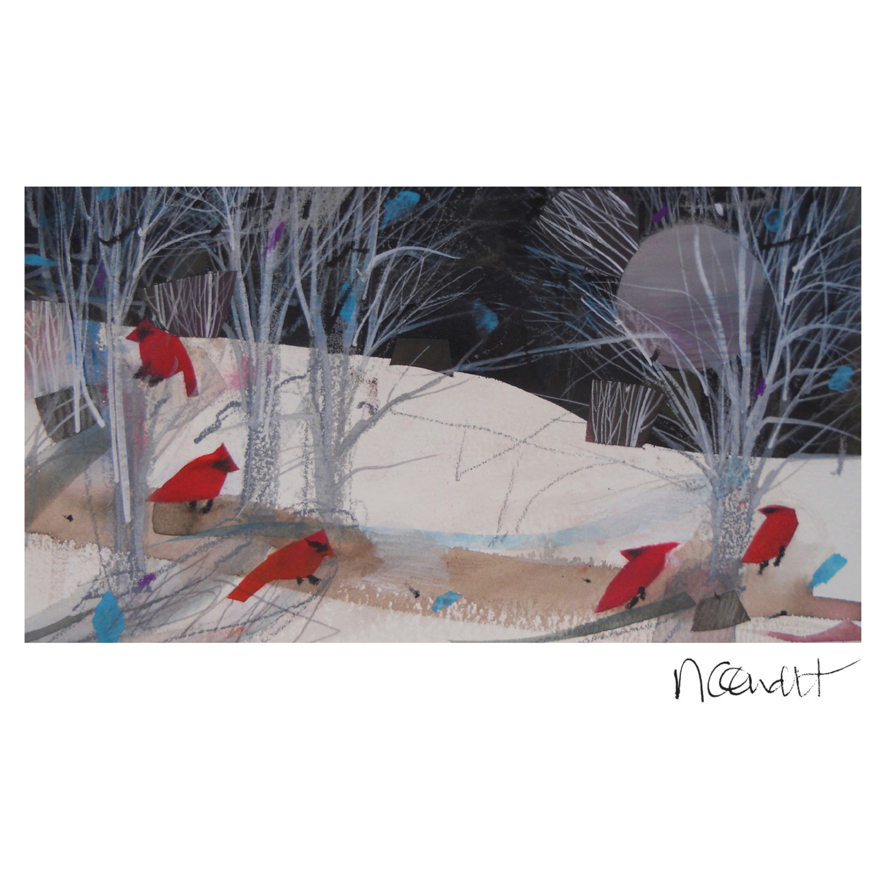 An art print of cardinals on a branch over fallen snow.