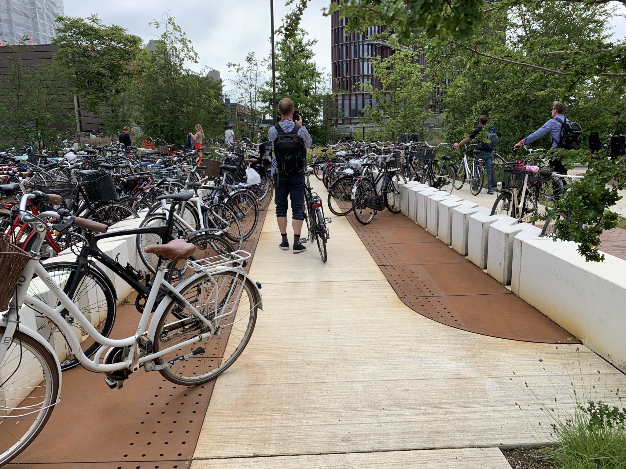 Many bikes parked to bike racks in Copenhagen.