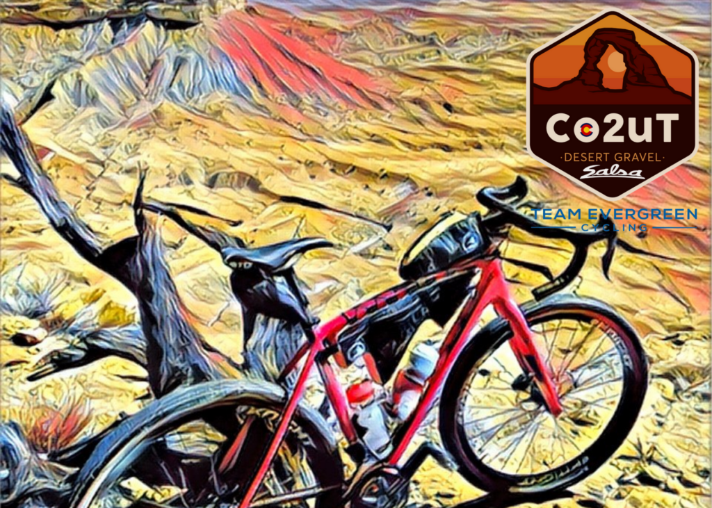 An illustration of a bike leaning against a tree stump in a desert. The Co2uT ride logo is on the graphic.