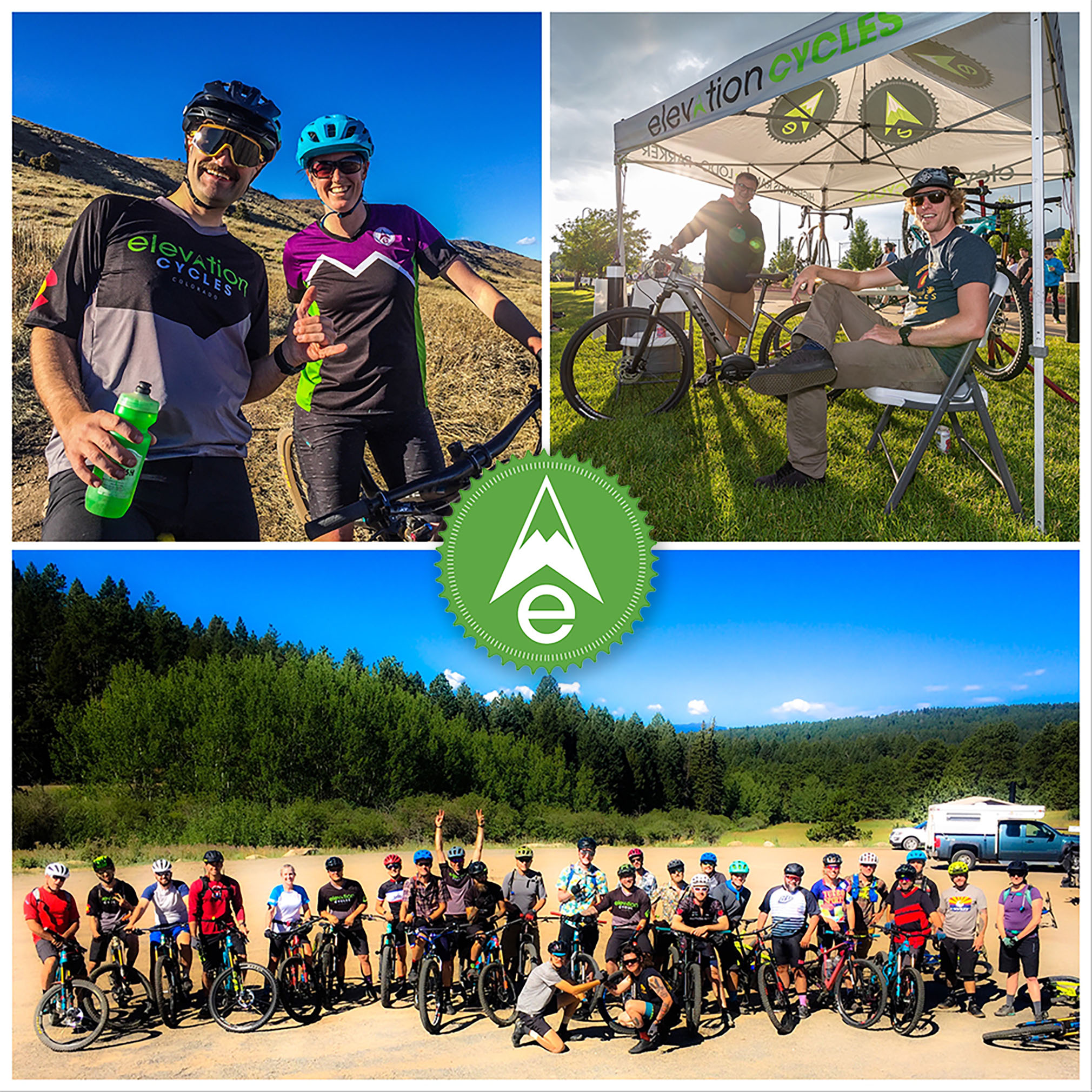 A composite of photos from Elevation Cycles. Two people smiling, people talking under a pop up tent, a large group of people posing with their mountain bikes.