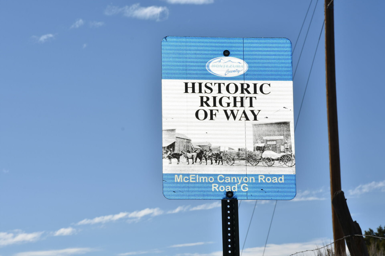 A sign that reads "Historic Right of Way. McElmo Canyon Road, Road G."