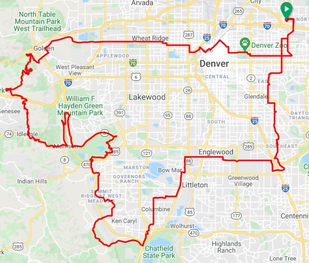 Screenshot of the 100-mile route of the Denver Century Ride.