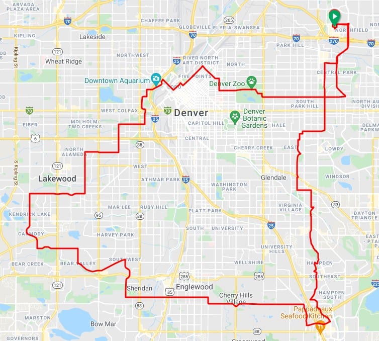 Screenshot of the 50-mile route of the Denver Century Ride.