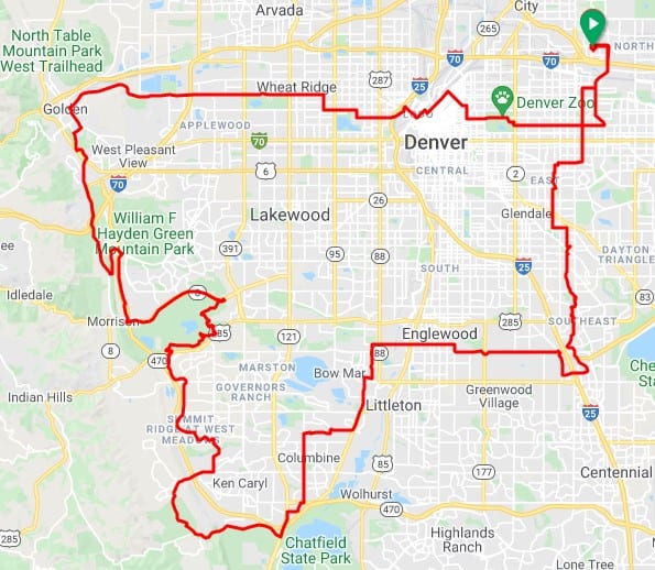 Screenshot of the 85-mile route of the Denver Century Ride.