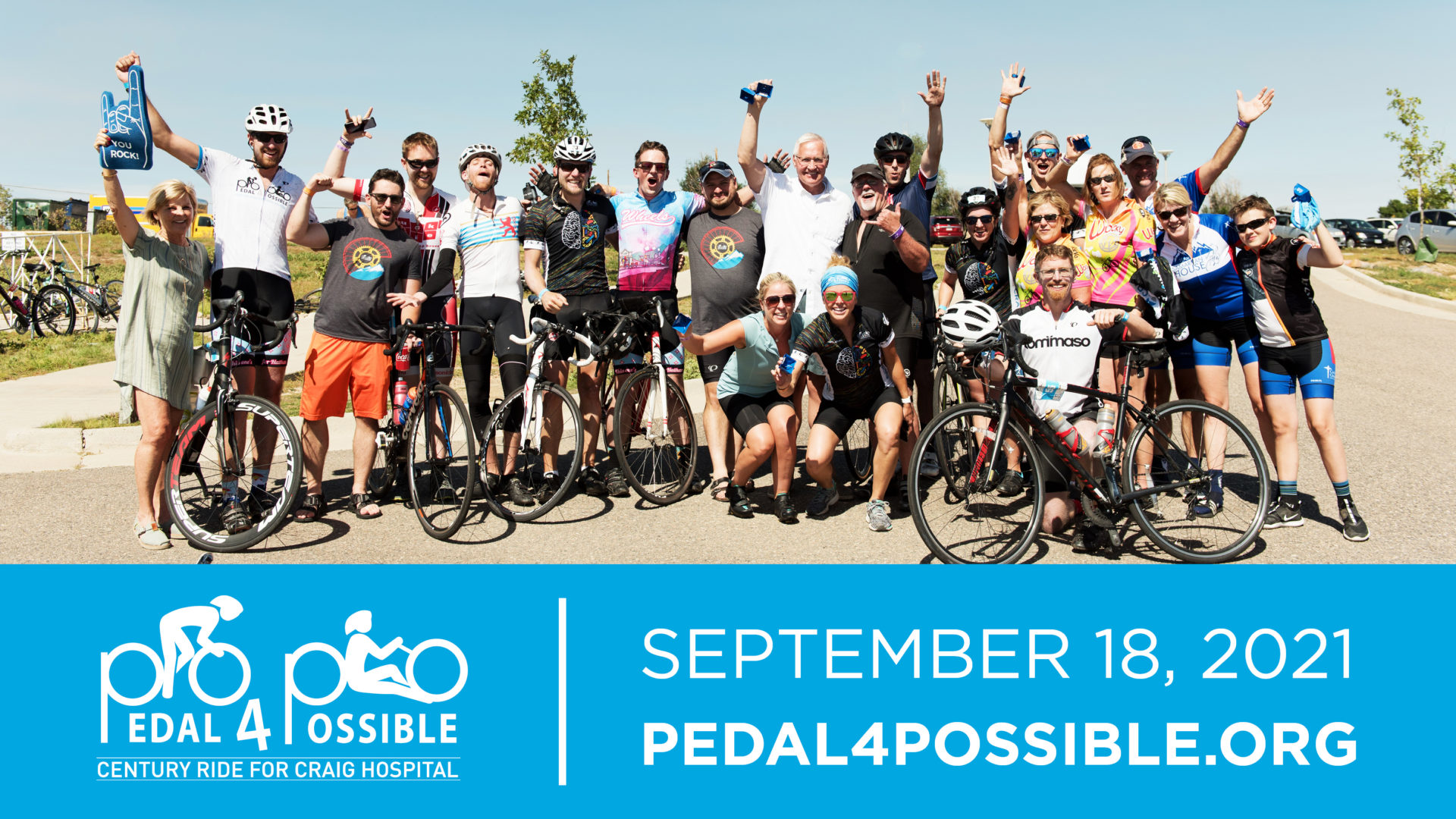 A graphic showing a group of people smiling and cheering with their bikes in front of them. There is a graphic banner in front that is blue, with the Pedal 4 Possible logo and text reading "September 18, 2021. Pedal4Possible.org.