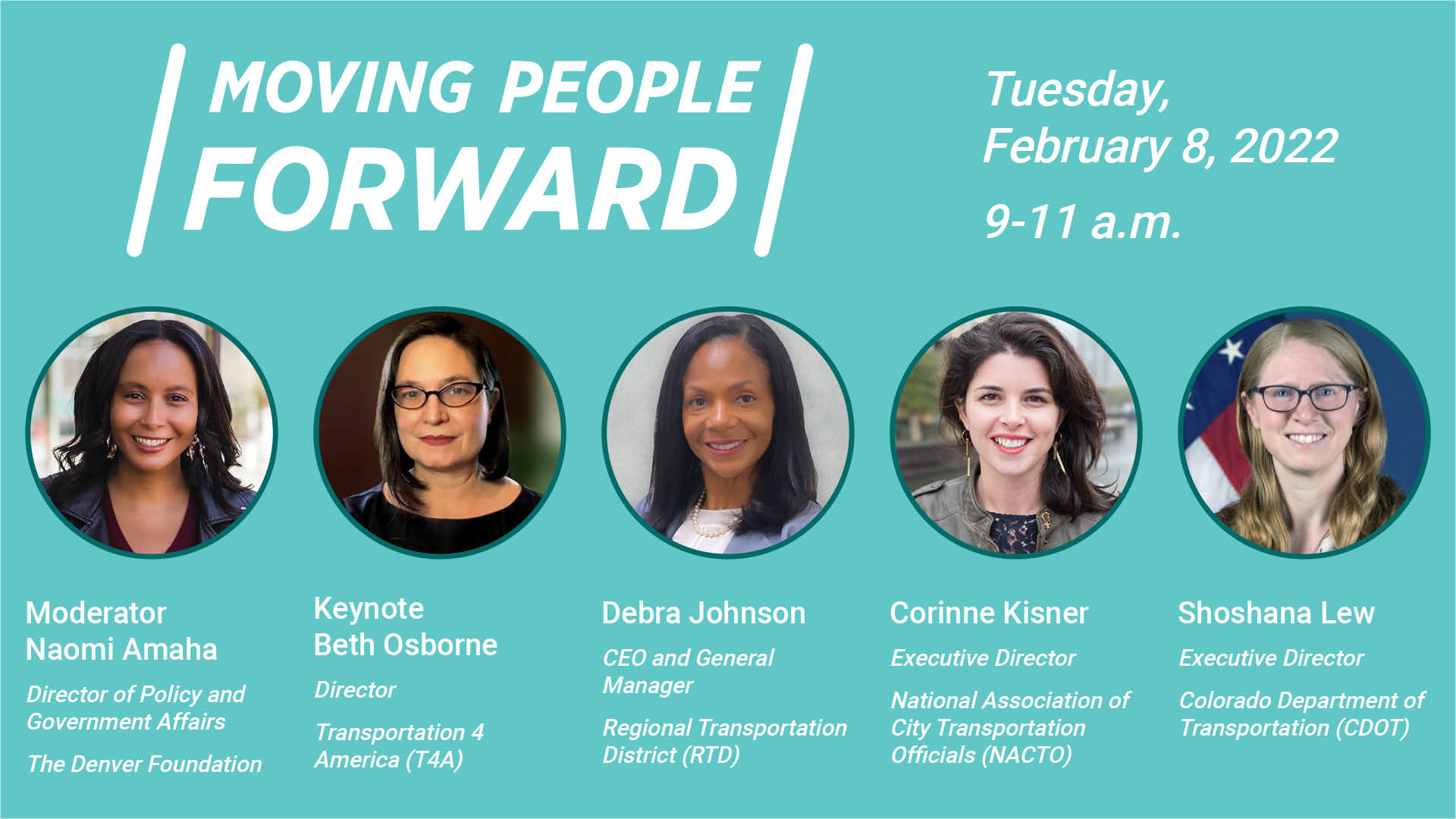 Flyer with headshots of five panelists for Moving People Forward 2022