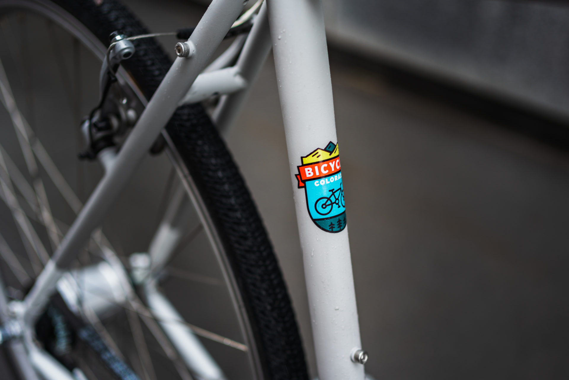 Grey bike seat tube with Bicycle Colorado logo