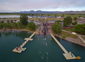 A general view of competitors swimming in the Boulder Reservoir during the IRONMAN Boulder on June 10, 2018 in Boulder, Colorado