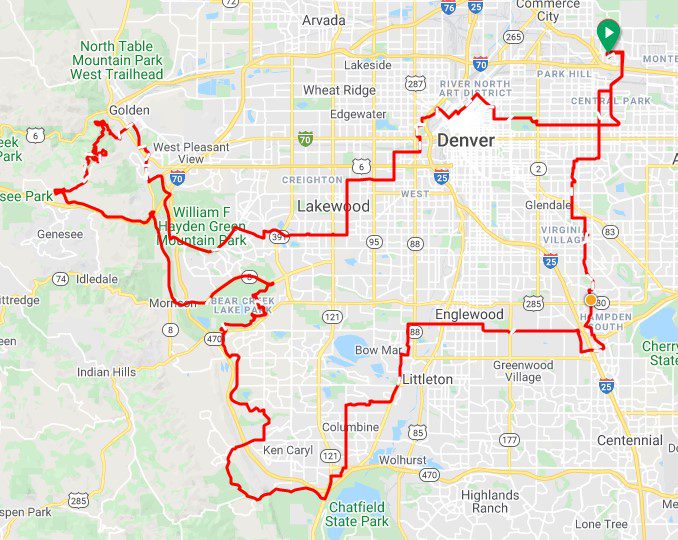 dcr100mile_2022 A screenshot of Google Maps showing the 100-mile route of the 2022 Denver Century Ride.