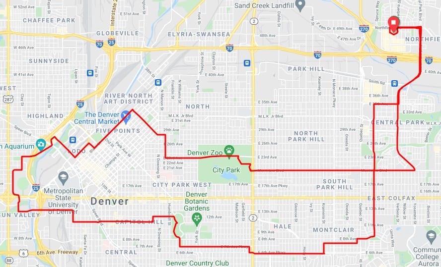 A google maps screenshot of the 25 mile route of the 2022 Denver Century Ride.