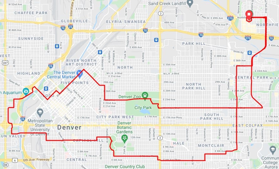 dcr25mile_2022 A google maps screenshot of the 25 mile route of the 2022 Denver Century Ride.