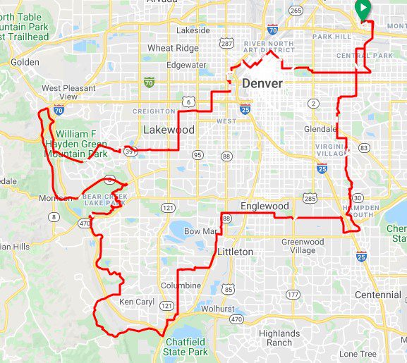 A google maps screenshot showing the 85 mile route of the 2022 Denver Century Ride.