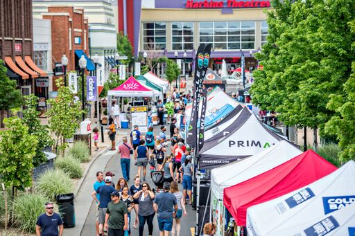 A crowd of people and tents promoting businesses and organizations mingling.