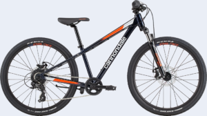 A black, white and orange Cannondale kids' bike.