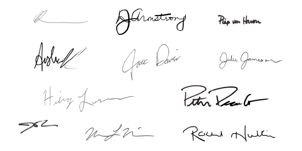 A graphic showing the signatures of all Bicycle Colorado staff members. It has 11 signatures.